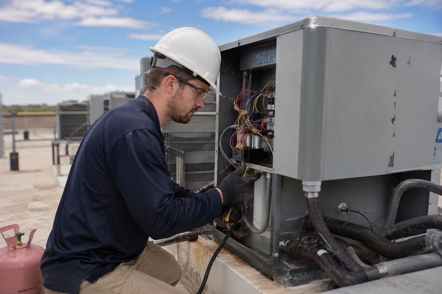 An HVAC technician in a hard hat and safety glasses servicing the wiring inside a rooftop air-conditioning unit.